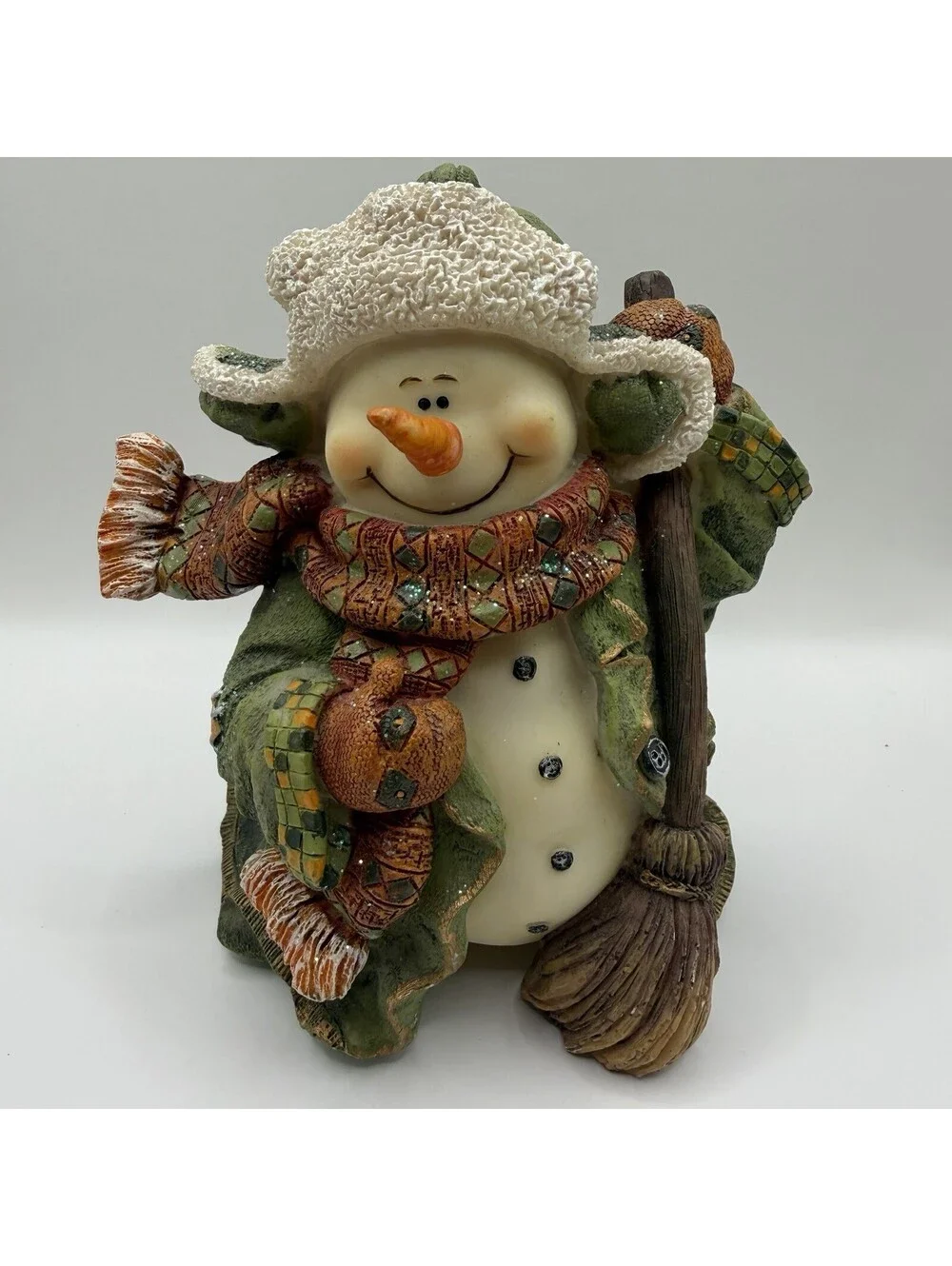 Vintage Style Snowman Figurine 6.5 Inch Resin Broom Hat Scarf Christmas Decor
